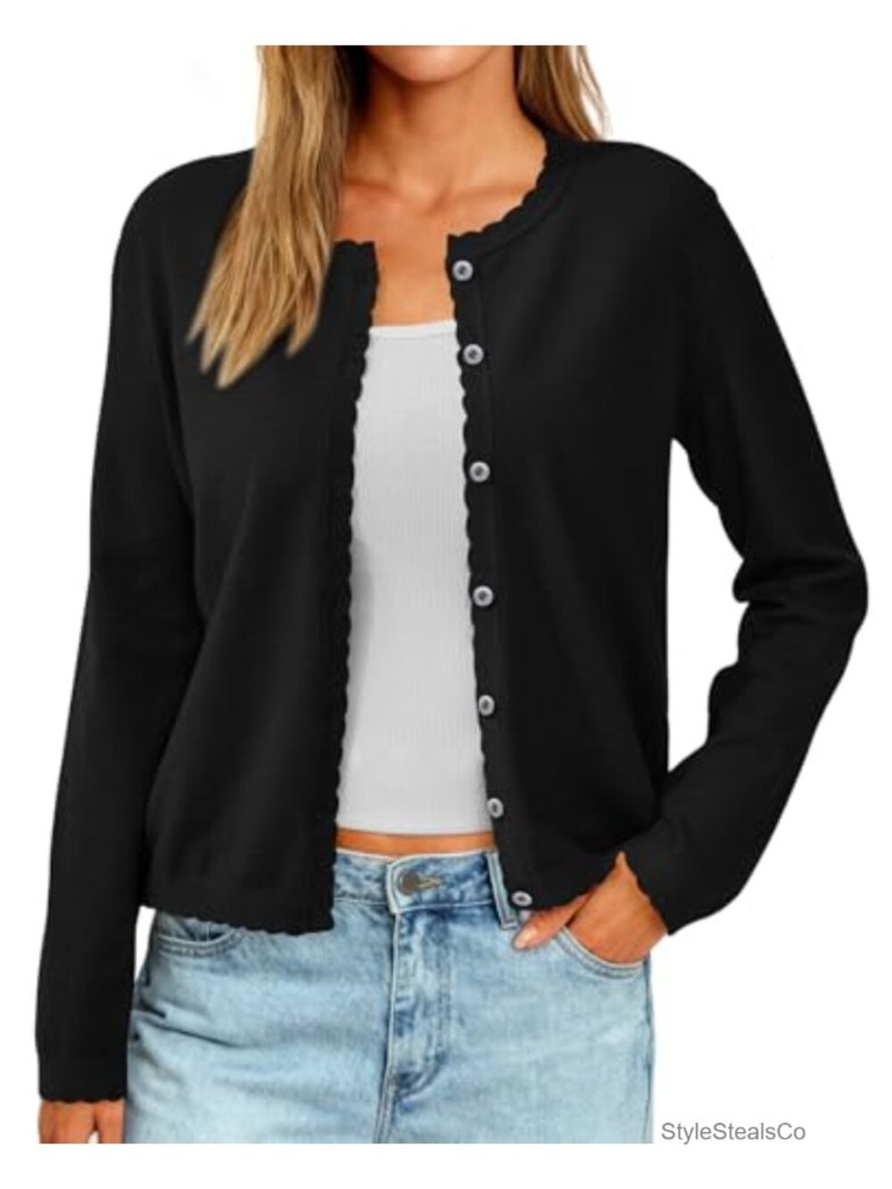 Scalloped Button Down Ribbed Knit Cardigan Sweater Women Lightweight
